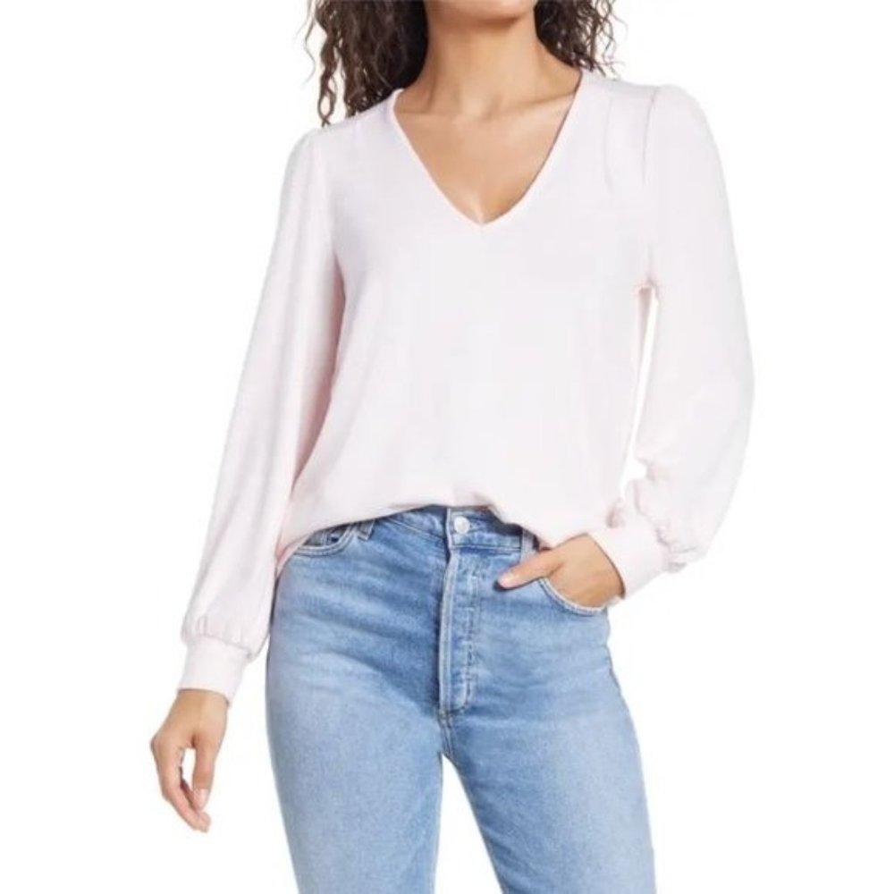 NWT Gibsonlook Lotus Pink Fleece Long Blouson Sleeve V Neck Top Medium